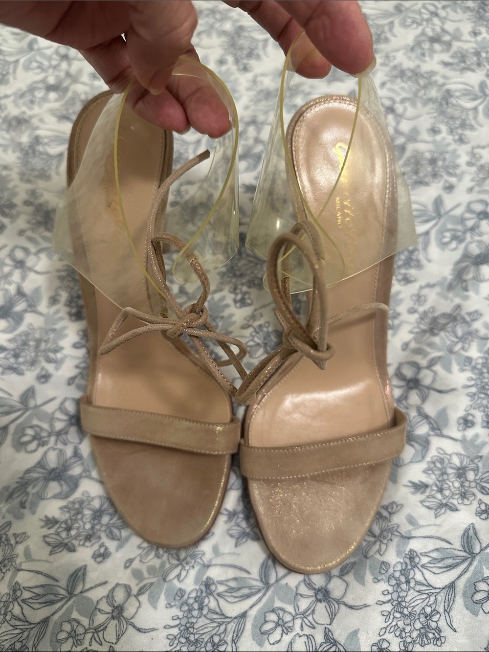 Gianvito Rossi Nude gold Suede Lace-Up Sandals with Clear Ankle Strap